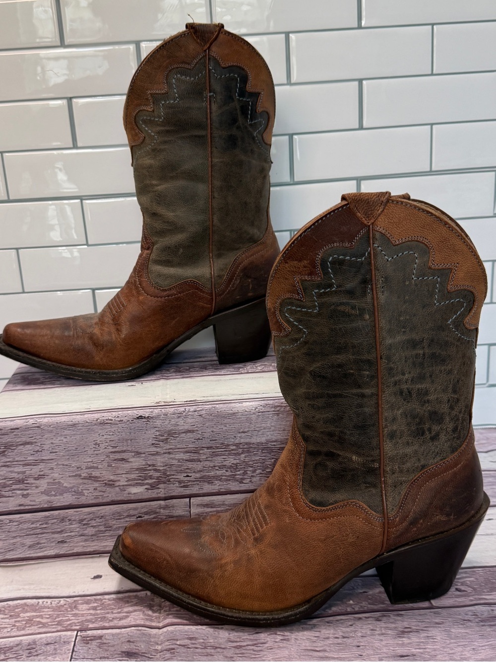 J.B. Dillon women's distressed goat leather brown western cowgirl boots size 6.5 - Picture 3 of 9